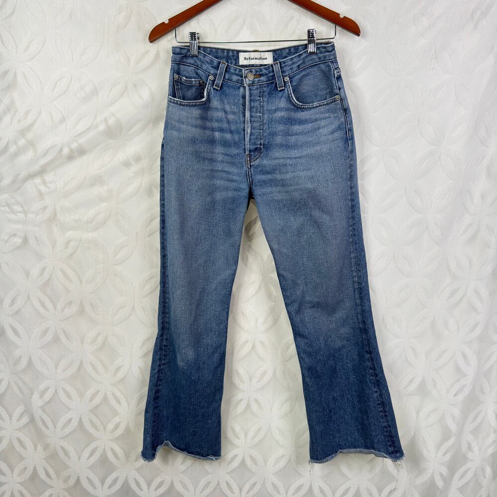 Reformation Mid Crop Flare Raw Hem Button Fly Jeans Baltic Size 28 - Picture 6 of 10